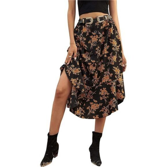 Floral Print Button Front Ruffle Hem High Waist A Line Midi Skirt - Picture 1 of 5
